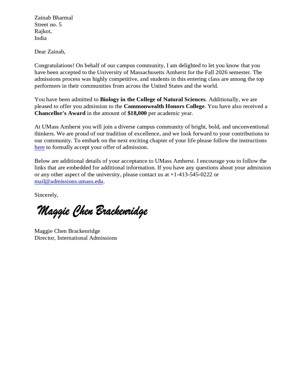 zainab amherst letter of acceptance