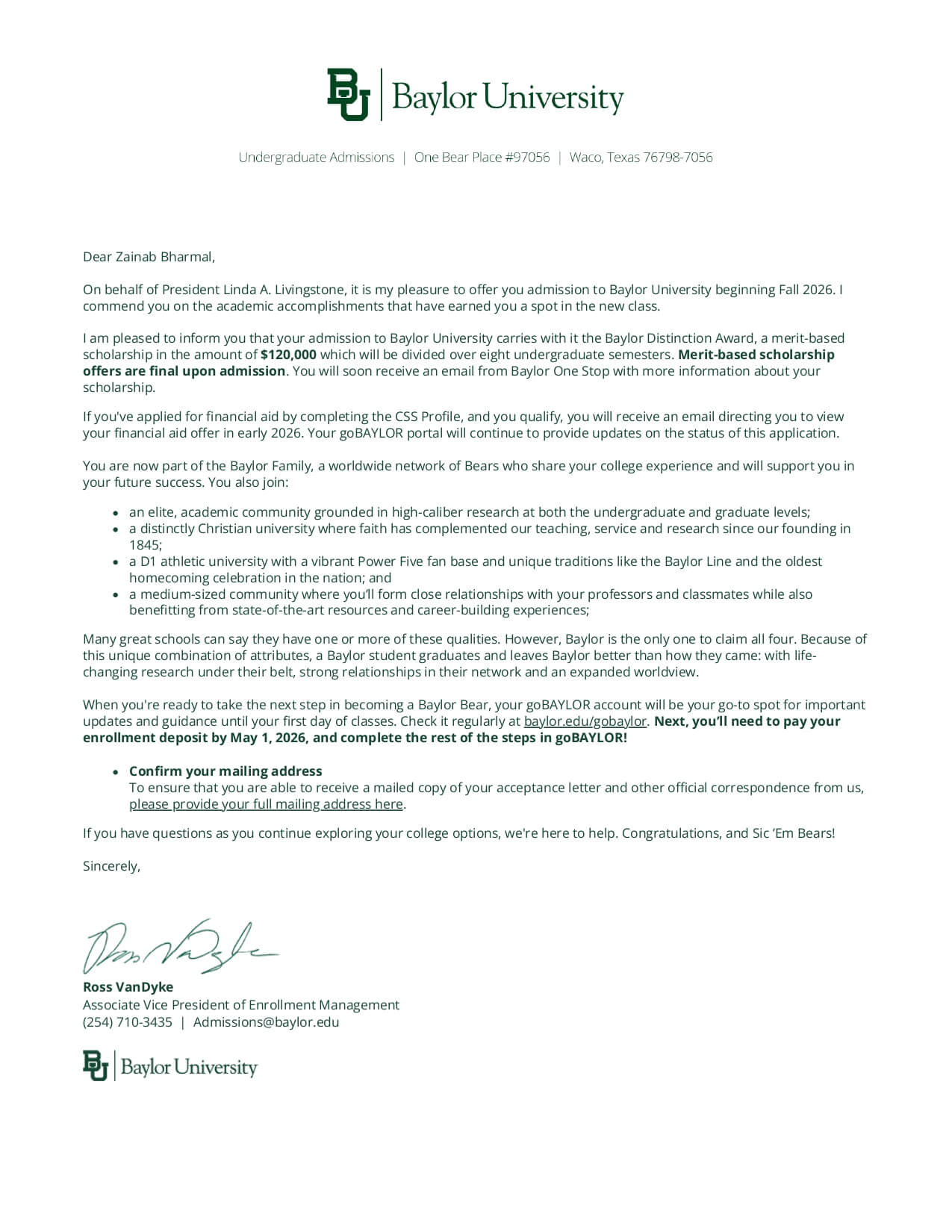 zainab bharmal baylor offer letter