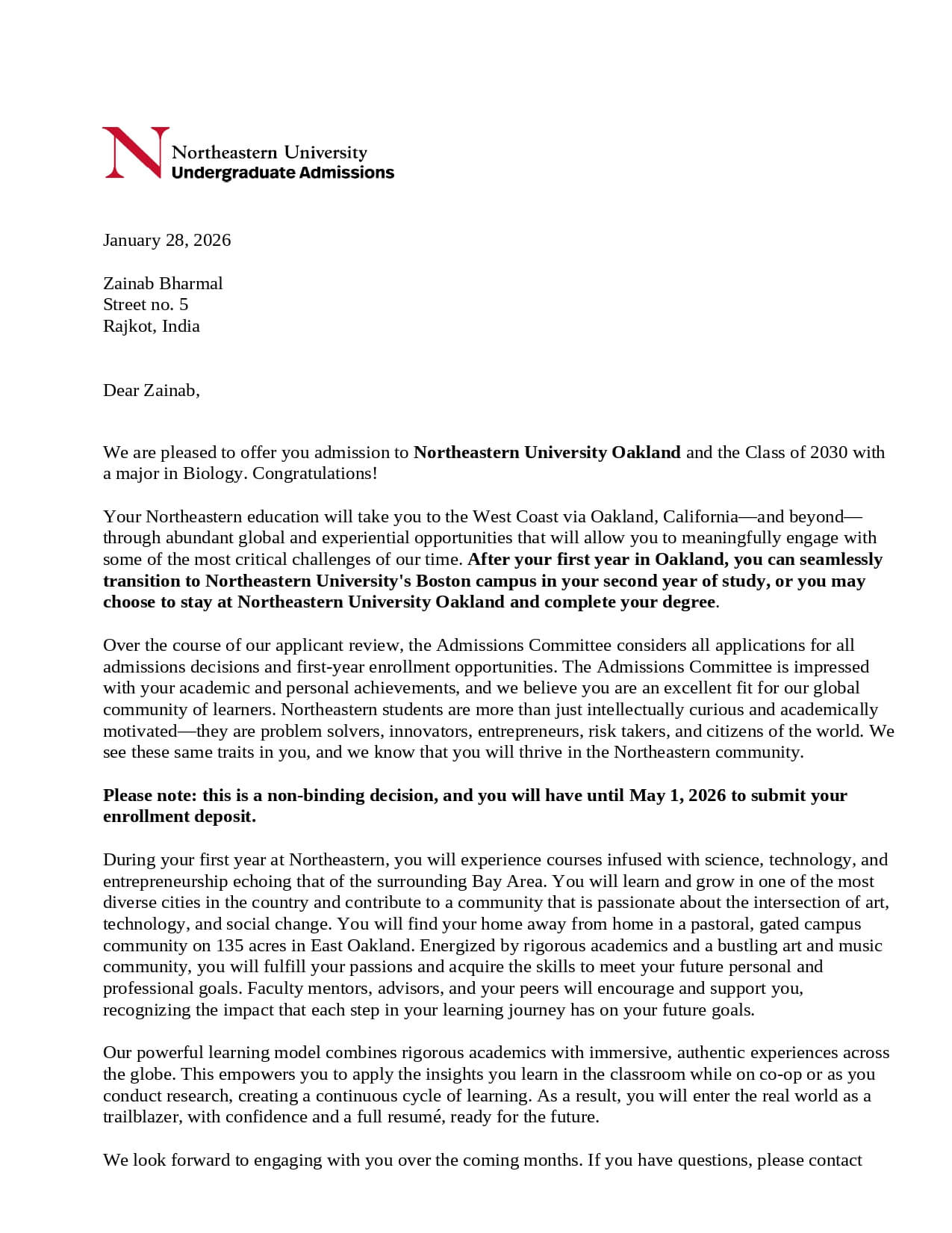 zainab northeastern oakland letter of acceptance