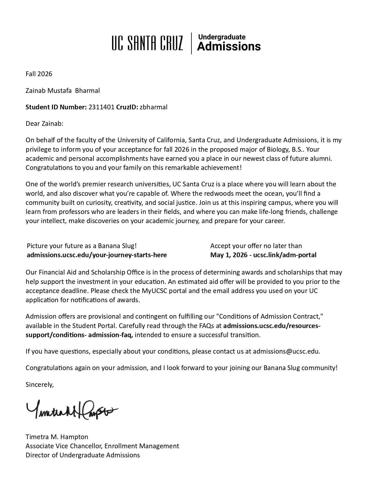 zainab uc santa cruz offer letter