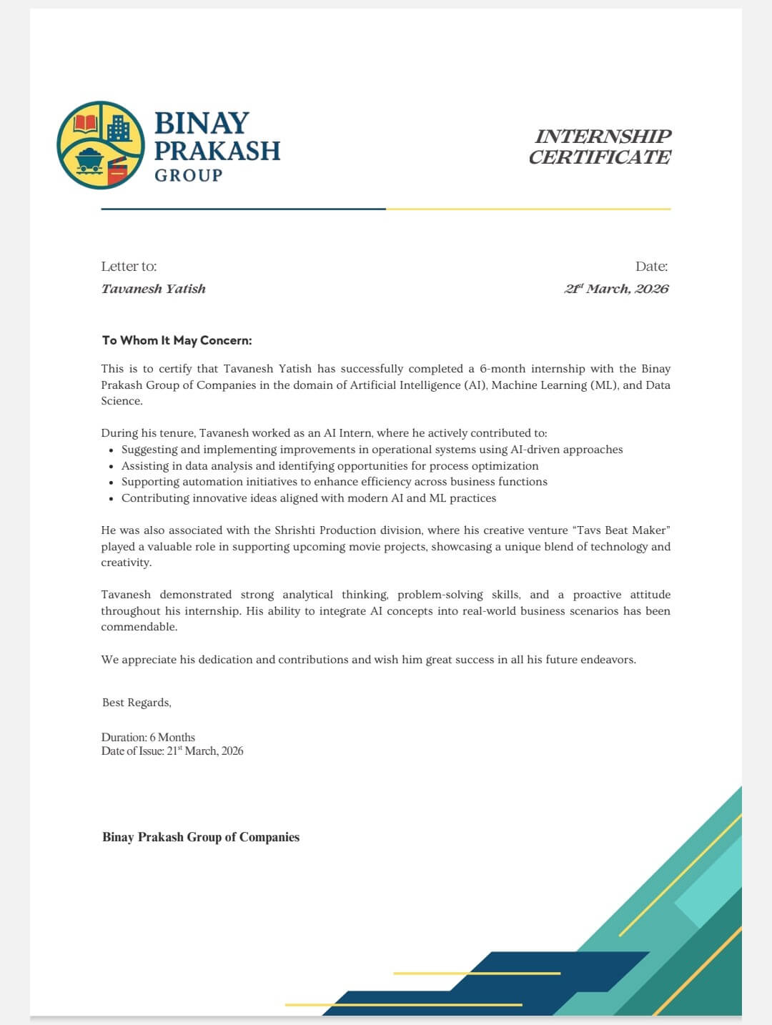 AI Internship Certificate